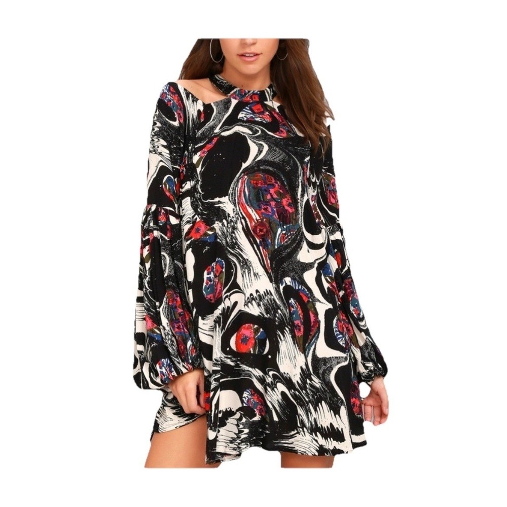 Free People Cold shoulder Mini tunic Dress Black Marble Print Balloon Sleeve M